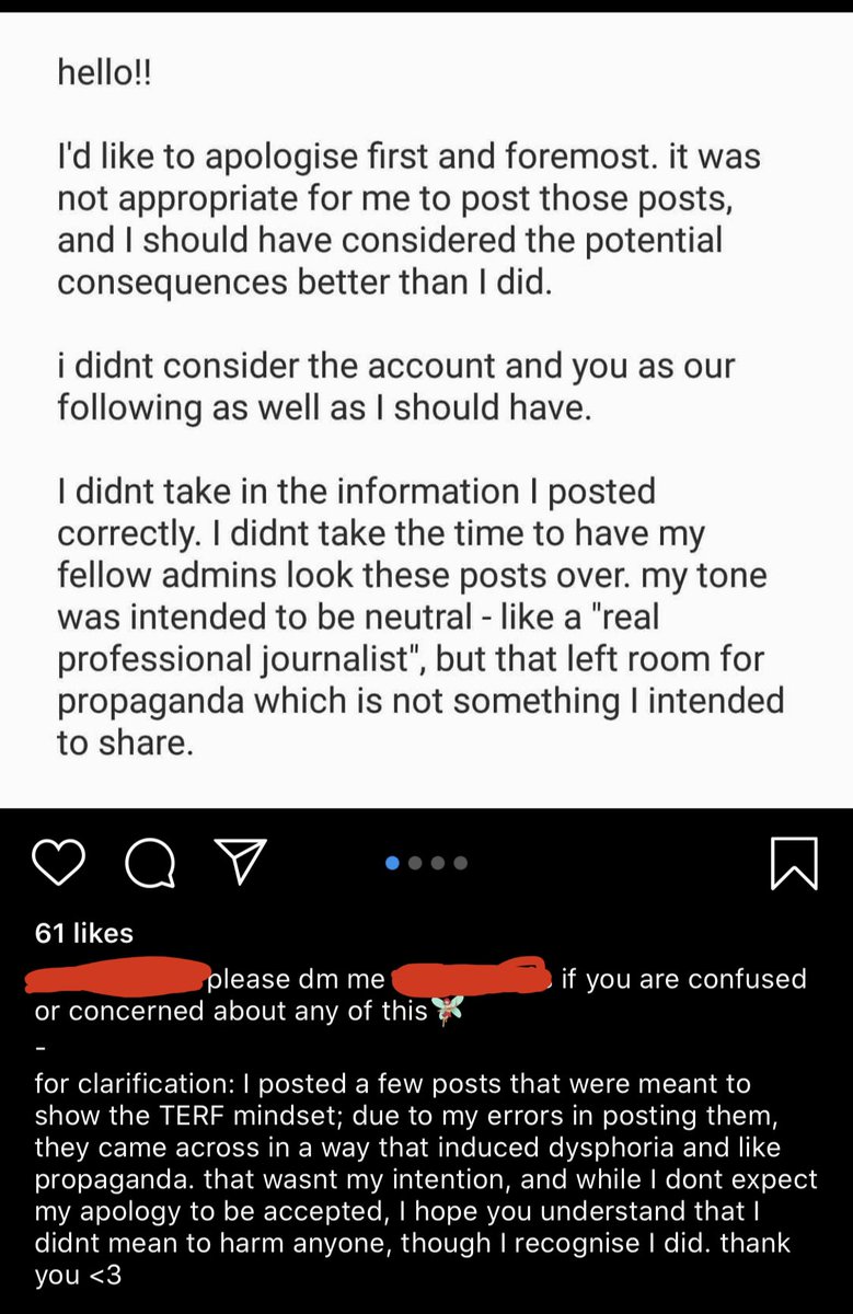 When Amy finished school, she posted a more comprehensive apology, pictured here. She and the other admins (some of whom are trans men, mind you) were being bombarded with private messages scolding them for “platforming a TERF” and for “triggering people’s dysphoria.” 6/