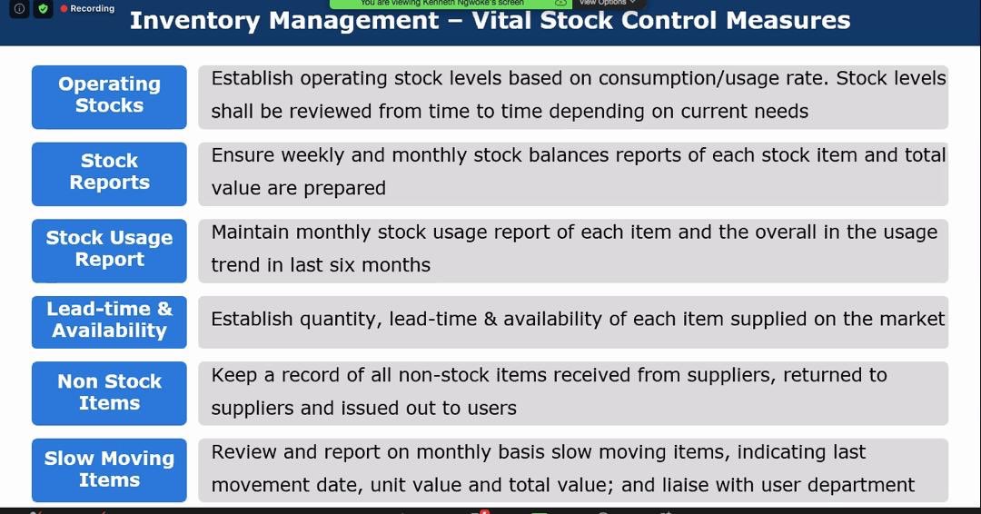 Some vital stock control measures include:
- operating stocks 
- stock reports
- stock usage report 
- lead-time &amp; availability
- non-stock items
- slow moving items

<a href="/zukynokeke/">Azuka Okeke</a> <a href="/ARC_Nigeria/">Atomic Resource Concepts</a> <a href="/ARCSC_Hub/">ARCHub</a>