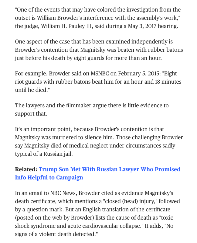 You continue to lie about the death of Sergei Magnitsky to the media and parliaments. @KenDilanianNBC had a medical examiner check Magnitsky's autopsy report and found no evidence he was murdered, let alone beaten with batons for 90 minutes: https://www.nbcnews.com/news/us-news/legal-battle-behind-trump-tower-meeting-n785776