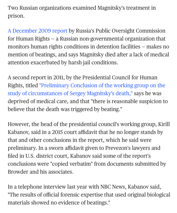 You continue to lie about the death of Sergei Magnitsky to the media and parliaments. @KenDilanianNBC had a medical examiner check Magnitsky's autopsy report and found no evidence he was murdered, let alone beaten with batons for 90 minutes: https://www.nbcnews.com/news/us-news/legal-battle-behind-trump-tower-meeting-n785776