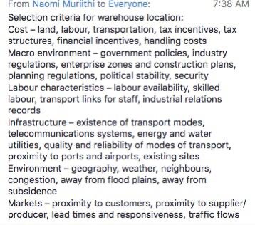 Some selection criteria for warehouse location:

<a href="/zukynokeke/">Azuka Okeke</a> <a href="/NaomiMuriithi_/">Naomi_Muriithi</a> <a href="/ARC_Nigeria/">Atomic Resource Concepts</a> <a href="/ARCSC_Hub/">ARCHub</a> <a href="/KanostateNg/">Kano State Government</a> <a href="/KNSMOH/">Kano State Ministry of Health</a> <a href="/SAHealth_Kano/">Office Of S.A Health Kano State</a>