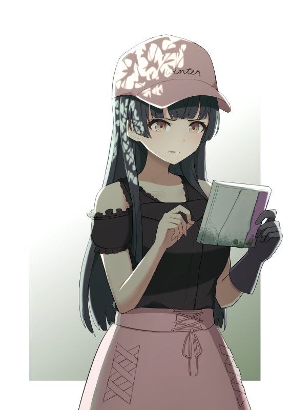 mayuzumi fuyuko 1girl solo black hair hat long hair gloves shirt  illustration images