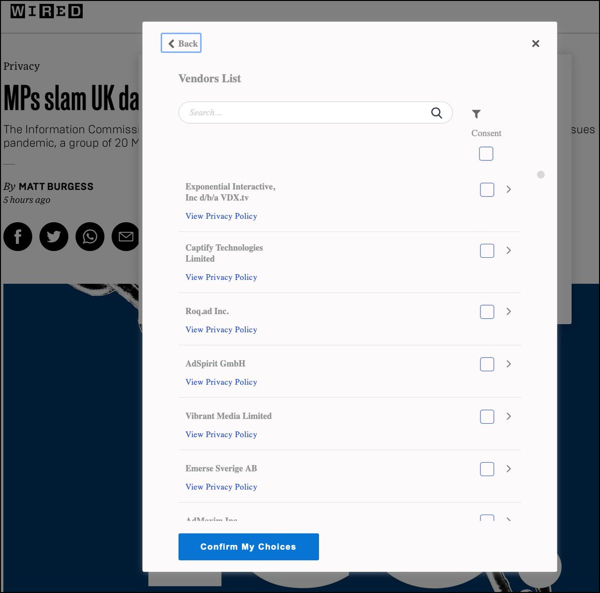Let's take a closer look at that list of 482 third party vendors.The 1st one, Exponential Interactive, Inc d/ba  http://VFX.tv&nbsp; (i think it should've said exponential erosion of your privacy but hey). So, there's a consent purpose & a special purpose. Does that mean