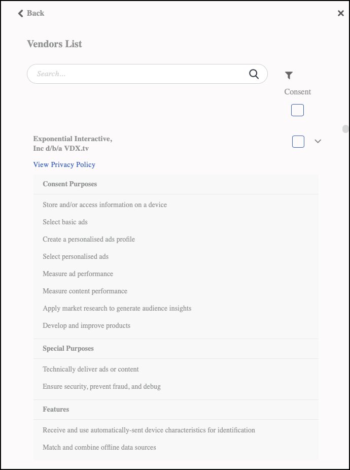 Let's take a closer look at that list of 482 third party vendors.The 1st one, Exponential Interactive, Inc d/ba  http://VFX.tv&nbsp; (i think it should've said exponential erosion of your privacy but hey). So, there's a consent purpose & a special purpose. Does that mean