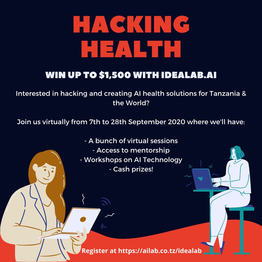 VenturesSahara's tweet photo. Do you have #ProblemSolving skills to solve a meaningful problem by using #AI? We need you at the #IdeaLab Hackathon on 07th- 28th Sept 2020
@DataScienceNIG @AICOMMONS1 @ailabtz
Team apply: https://t.co/yh0YCC5oTP
Individual apply: https://t.co/buWtugdX6X
#AI4Good #IdeaLabTz https://t.co/07G1qeP6UC