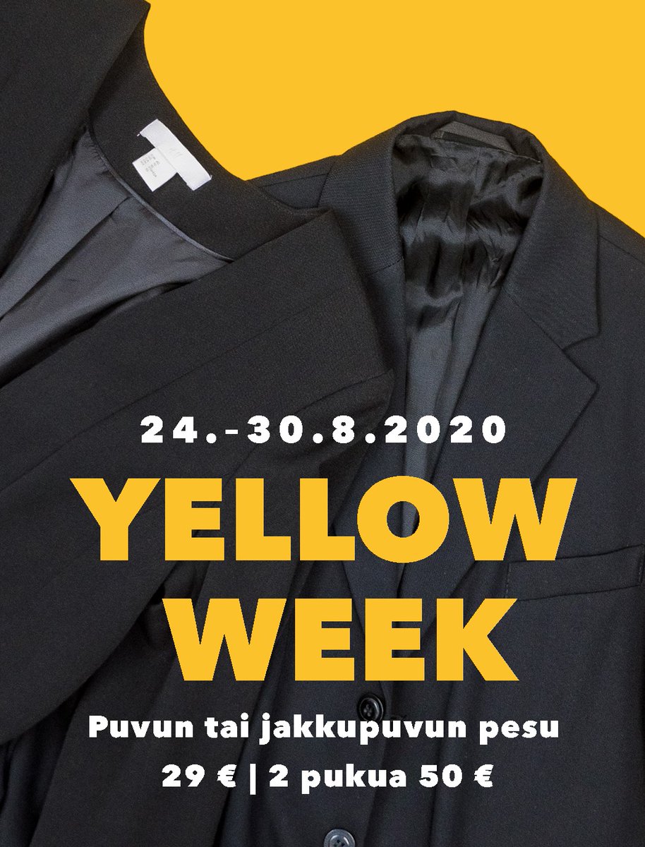 Ensi viikko on taas Yellow Week. 
💛💛💛
Puvut ja jakkupuvut hellään huomaamme 👉  arki ja juhla on taas puhtaampaa.
Katso lähin pesula 👉sol.fi/palvelut/pesul…
#Pesula #Puhdaselämä