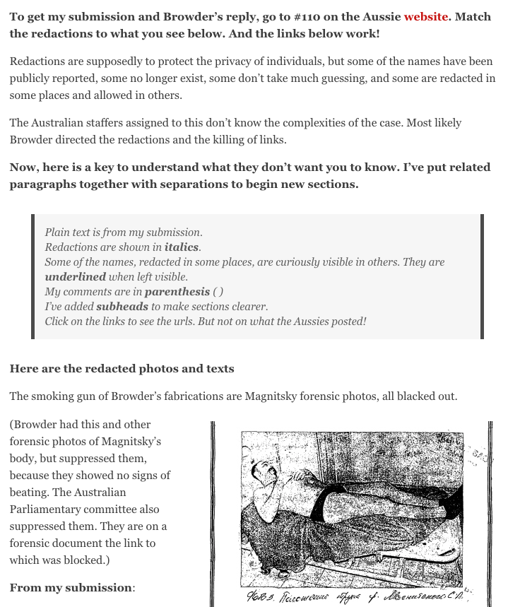 After award winning New York journalist  @LucyKomisar was so concerned Browder would lie to the Australian Inquiry, her submission was withheld for weeks, and when released, her links were redacted. https://www.thekomisarscoop.com/2020/06/aussie-parliament-comte-censors-komisar-submission-redacting-key-photos-words-blocking-links/