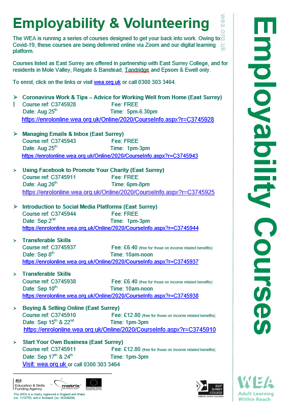 The <a href="/WEAadulted/">The WEA</a> has a raft of employability courses on offer for people in the #EastSurrey area. Run in parternship with <a href="/EastSurreyColl/">East Surrey College</a> many are FREE so why not sign up today! #Employment #skills #Wellbeing