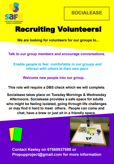 PropUpProject1's tweet image. SAFE: Socialease are looking for volunteers for our Lancaster &amp;amp; Morecambe Socialease sessions, restarting soon. 
Volunteers will talk to group members and encourage group conversations  

Please contact Keeley 07568937988 or Propupproject@gmail.com for more information