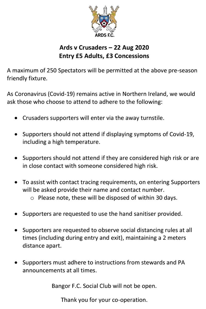 ArdsFC1900's tweet image. Following discussion with our local council we are delighted to confirm that 250 spectators can attend tomorrow's game with @CrusadersFC.

Please read this guide before travelling to Bangor. Kick-off is at 3pm.