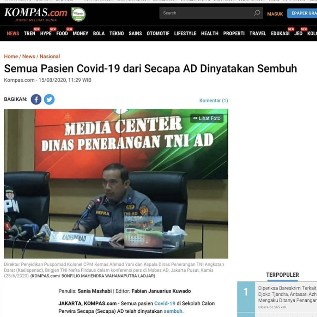 1,308 siswa SECAPA AD yg sempat positif Covid-19, minggu ini semuanya dinyatakan sembuh, sudah pulih, sudah bisa kembali berdinas &amp; berkegiatan.

Jika tingkat kebugaran kita baik, maka imunitas jg meningkat. Semoga yg masih dirawat &amp; yg lainnya secepatnya pulih &amp; sembuh. Aamiiin.