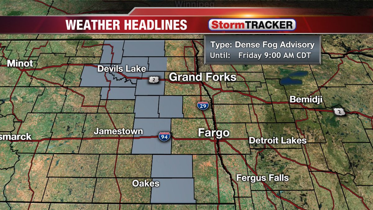 Dense fog is forming over eastern North Dakota this morning. Very low visiblity will be possible. Add a little extra time if you have a drive in these areas.  #NDwx