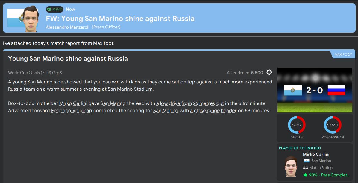 A stunning pair of wins against Russia means that our hopes of World Cup qualifying are back on. We have also broken into the top 100 in the world rankings for the first time in San Marino's history as well...  #FM20