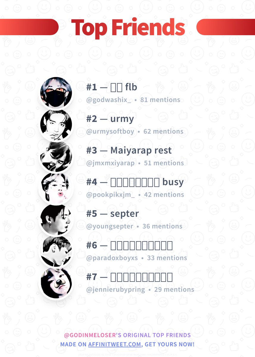 #Affinitweet Top Friends
🥇 godwashix_
🥈 urmysoftboy
🥉 jmxmxiyarap
🏅 pookpikxjm_
🏅 youngsepter
🏅 paradoxboyxs
🏅 jennierubypring
via affinitweet.com/top-friends