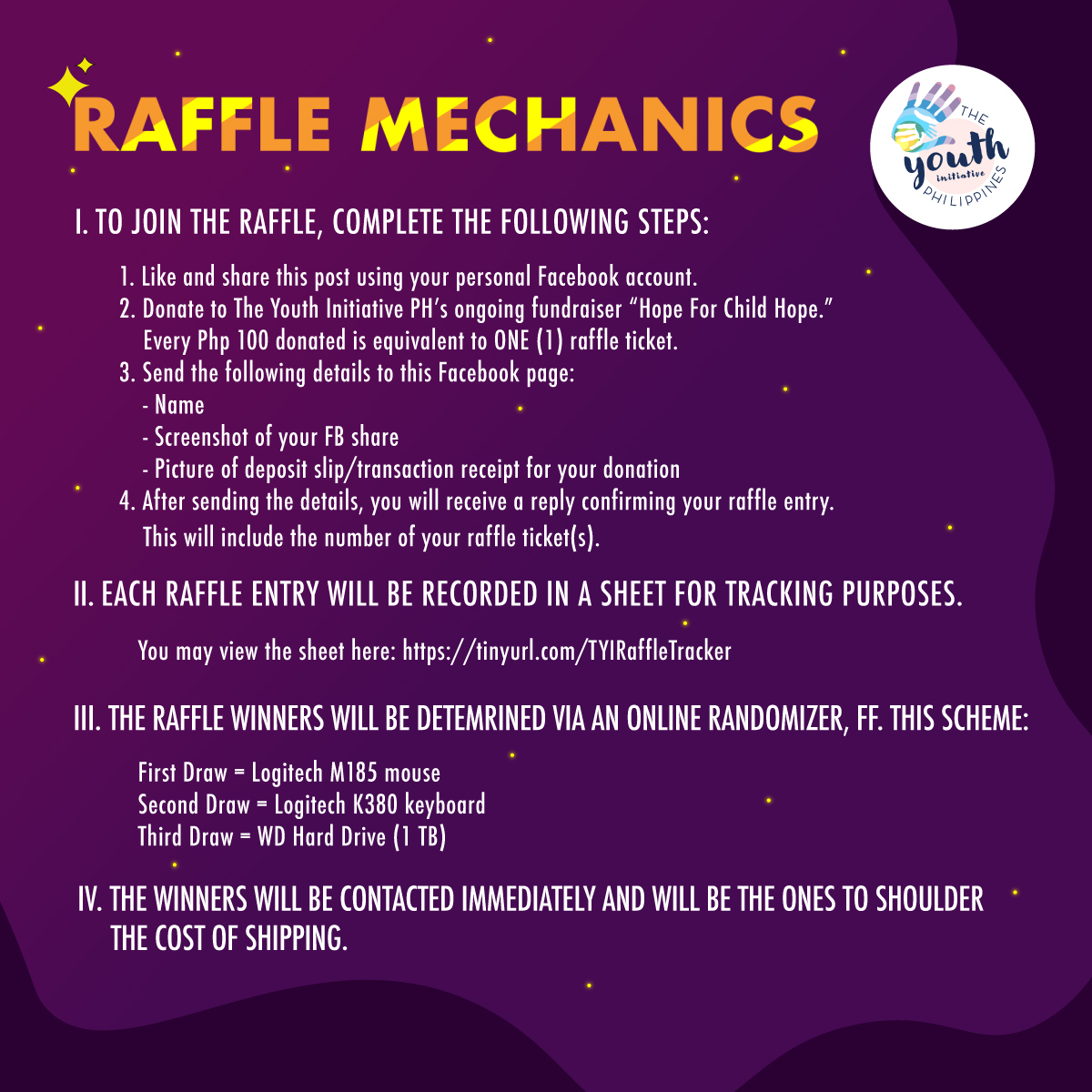 YI_2020's tweet photo. The Youth Initiative PH presents an online raffle for the benefit of the students of Child Hope Philippines and UP Ugnayan ng Pahinungod. Please view the pictures for the raffle mechanics and other details. #TYI_ph #HopeForChildHope #TYIRaffle https://t.co/YxWKDD9Ilg