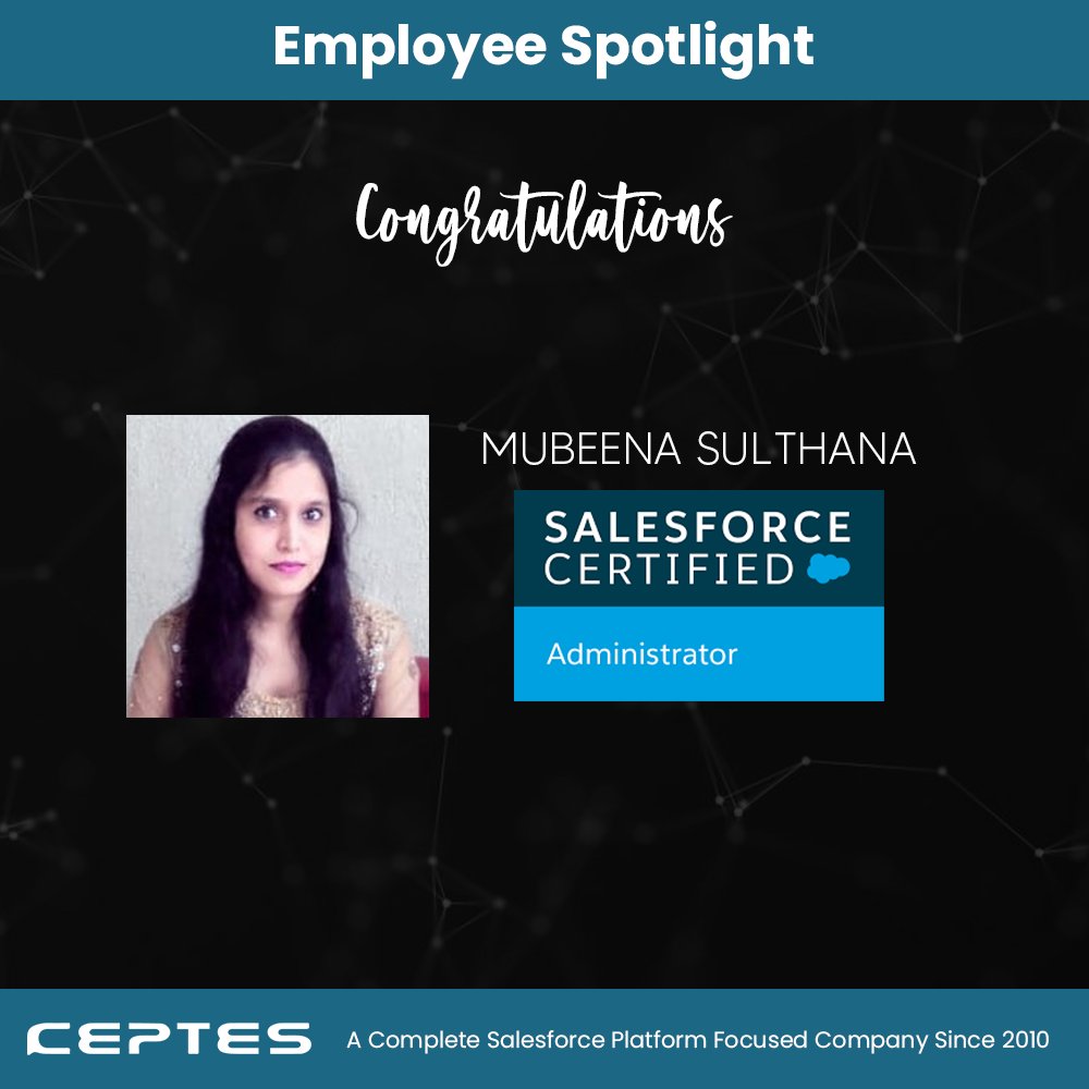 ceptessoftware's tweet image. Another week &amp;amp; another certification. Congratulations Mubeen sulthana. Many more to come.

#salesforce #salesforceadmin #admincertified #awesomeadmin #ceptes