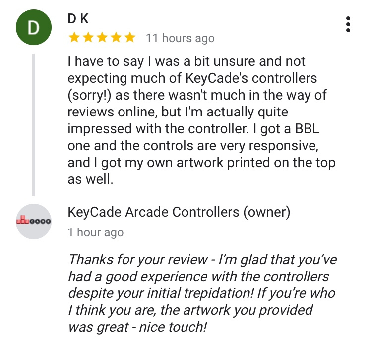 KeyCadeArcade's tweet image. KeyCade got a 5-star Google review. Check it out. Glad they liked the controller even despite their initial trepidation!!