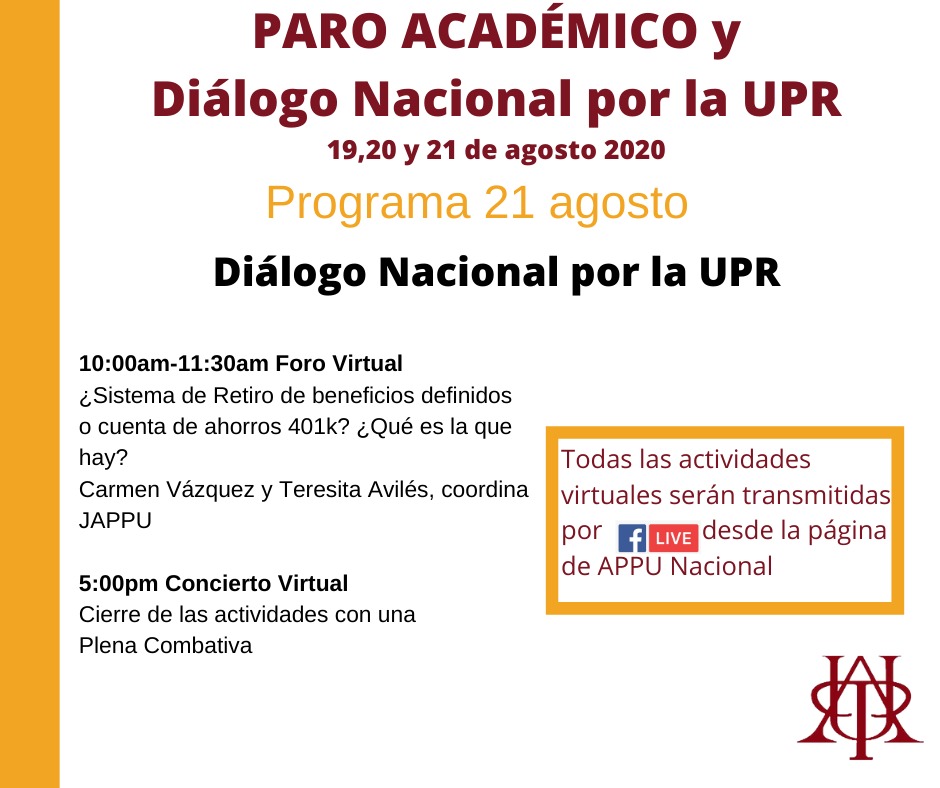 HOY LO SEGUIMOS DESDE LAS 10:00 >HISTÓRICO PARO CON DIÁLOGO INTELIGENTE  #pafueraBUXOyALOMAR#NOalCONTRATOconMICROSOFT #PAROporRETIROupr #paroUPR2020 <a href="/appunacional/">Asoc Profesores Univ</a> @appu_rrp <a href="/AppuCayey/">APPU Cayey</a> <a href="/UPR_Oficial/">Universidad de Puerto Rico - UPR</a> <a href="/ProfAlomar/">Prof. Walter O. Alomar-Jimènez</a> <a href="/manuelnatal/">Manuel Natal Albelo</a> <a href="/jayfonsecapr/">Jay Fonseca</a>