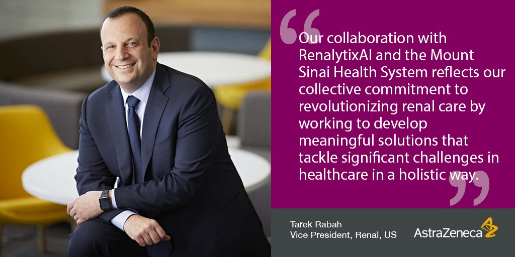 AstraZenecaUS's tweet photo. Today, our collaboration with @RenalytixAI in coordination with @MountSinai_IP was announced. Together, we’ll use #artificialintelligence to develop #precisionmedicine strategies for patients with #CKD and its complications. https://t.co/hOMN1tGP9x https://t.co/RwNJG3QkPL