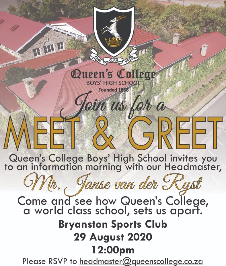 QueensCollegeEC's tweet photo. Join our Headmaster in Johannesburg.

RSVP by no later than 27 August 2020

Please complete the interest of expression form if you would like to receive information on our amazing school.
https://t.co/gDcSwZKWsP

Be part of our story!!
Be part of greatness!

#EsseQuamVider https://t.co/195WSbXHVW