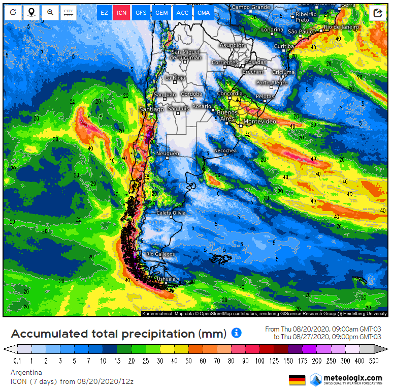 joacolascombes's tweet photo. Actualización: lluvias acumuladas hasta el 27-08-2020 9pm según modelo europeo, alemán, estadounidense y canadiense. En el siguiente tweet va el australiano y chino.

#meteojl #siembra20 https://t.co/WDQI1odkyF