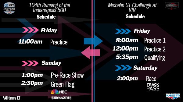 MeyerShankRac's tweet photo. Weβre back with another #MSRdouble.
IMSA Michelin GT Challenge at @VIRNow
π Aug. 22
β° 2:00pm ET
π² TRACKPASS
Indianapolis 500
π Aug. 23
β° 1:00pm ET
πΊ NBC
π» SiriusXM Ch. 205 https://t.co/4hzkS6I654