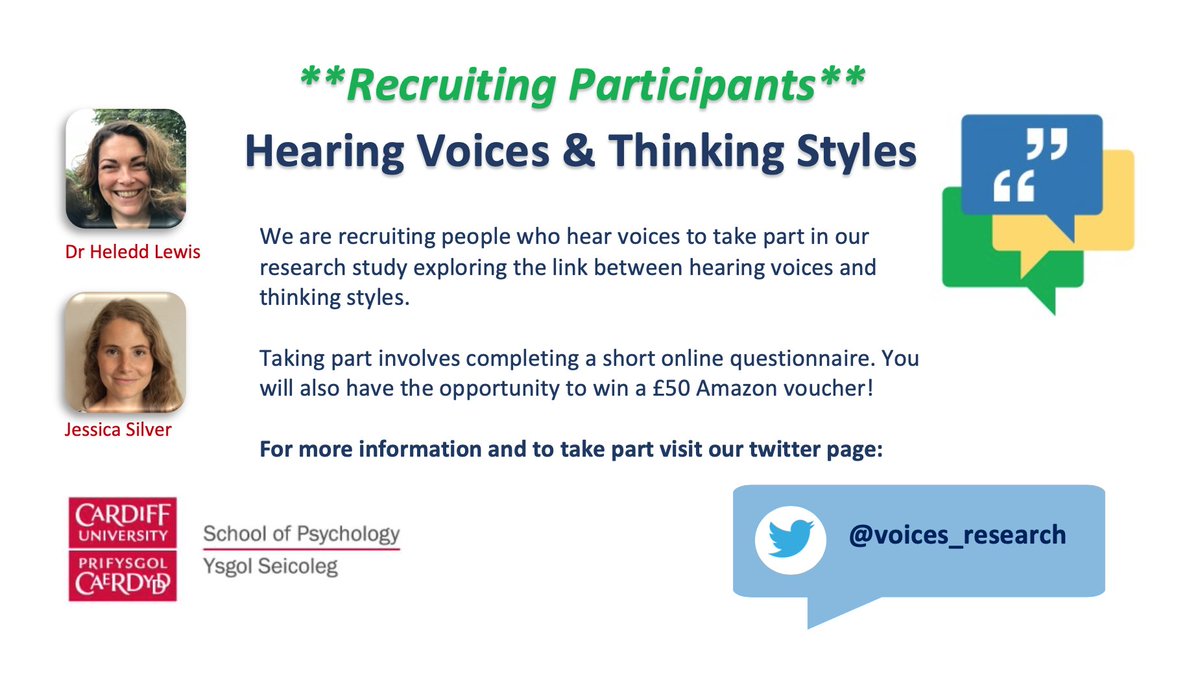 📢We are recruiting participants for our online research study on #hearingvoices! 

Take part &amp; enter our prize draw to win £50 voucher
For more info: cardiffunipsych.eu.qualtrics.com/jfe/form/SV_3m…

Please share and RT <a href="/TheMHAlliance/">The Mental Health Alliance</a> <a href="/Cecilia_McGough/">Cecilia McGough</a> <a href="/fireweedHJ/">Fireweed Collective</a> <a href="/Mad_In_America/">Mad In America</a> @MiCPrisons
Thank you 😀