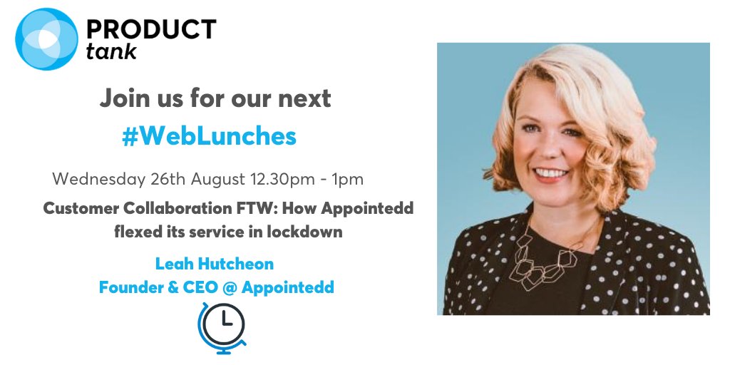 Delighted to announce the guest speaker at our next #WebLunches is @LeahHutcheon, Founder &amp; CEO of @appointedd! Join us 26th Aug @ 12:30pm to hear from Leah on how Appointedd flexed its service in lockdown💪
 
Register below👇
tinyurl.com/y38wfy7e 

#PTEdi #productmanagement