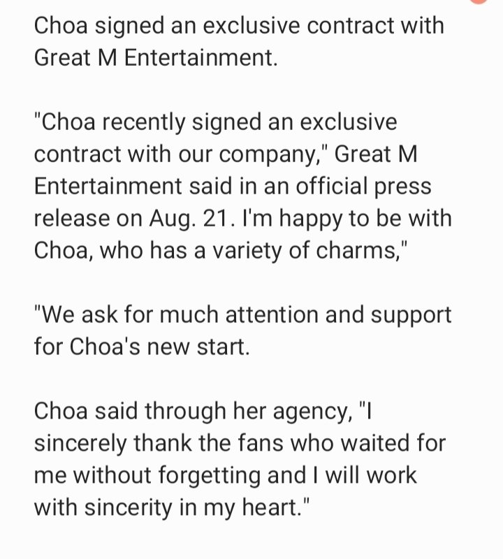 809AOA's tweet photo. Choa signed an exclusive contract with Great M Ent.

"I sincerely thank the fans who waited for me without forgetting me and I will work with sincerity in my heart."

📎:https://t.co/AKTDPneamP

#ParkChoa #Choa #박초아 #초아 https://t.co/TPkTGsUJeD