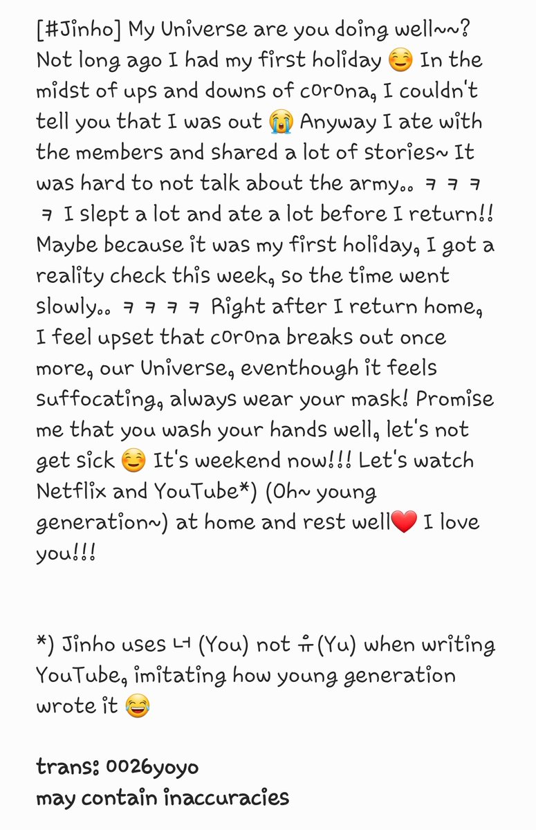 0026yoyo's tweet photo. [#Jinho] My Universe are you doing well~~? Not long ago I had my first holiday ☺ In the midst of ups and downs of c0r0na, I couldn't tell you that I was out 😭 Anyway I ate with the members and shared a lot of stories~ It was hard to not talk about the army.. ㅋㅋㅋㅋ (cont) https://t.co/4yGnvSlP6l