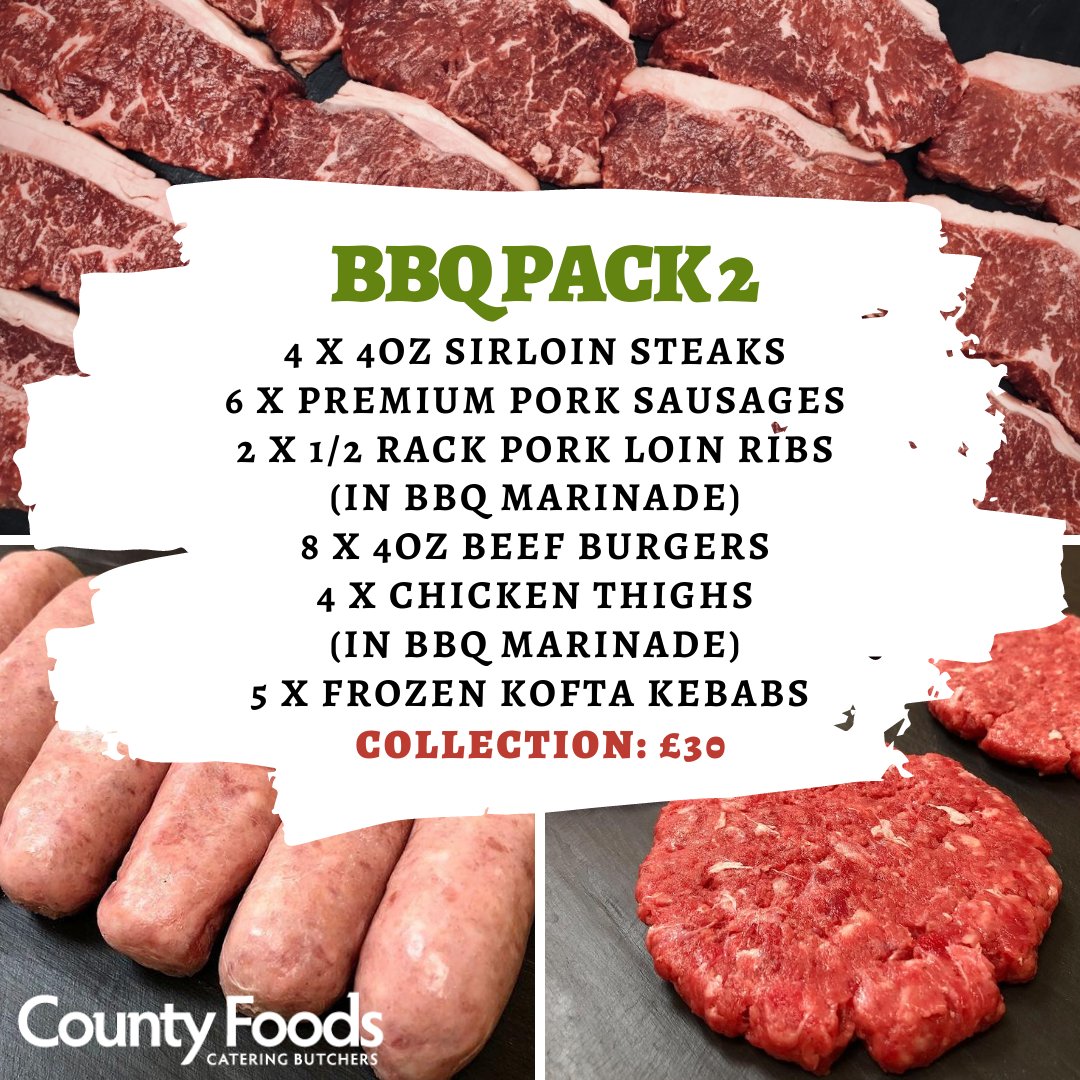 Have you ordered our BBQ Packs yet?😍
Enjoy a selection of steaks, sausages, burgers &amp; more in our BBQ Pack 2!🍔🥩
ONLY £30.00 COLLECTION from our Friday &amp; Saturday Shop, open 9am to 1pm! 

PRE-ORDER NOW by calling 01202 440 900 or email sales@countyfoods.co.uk
#bbq #bankholiday