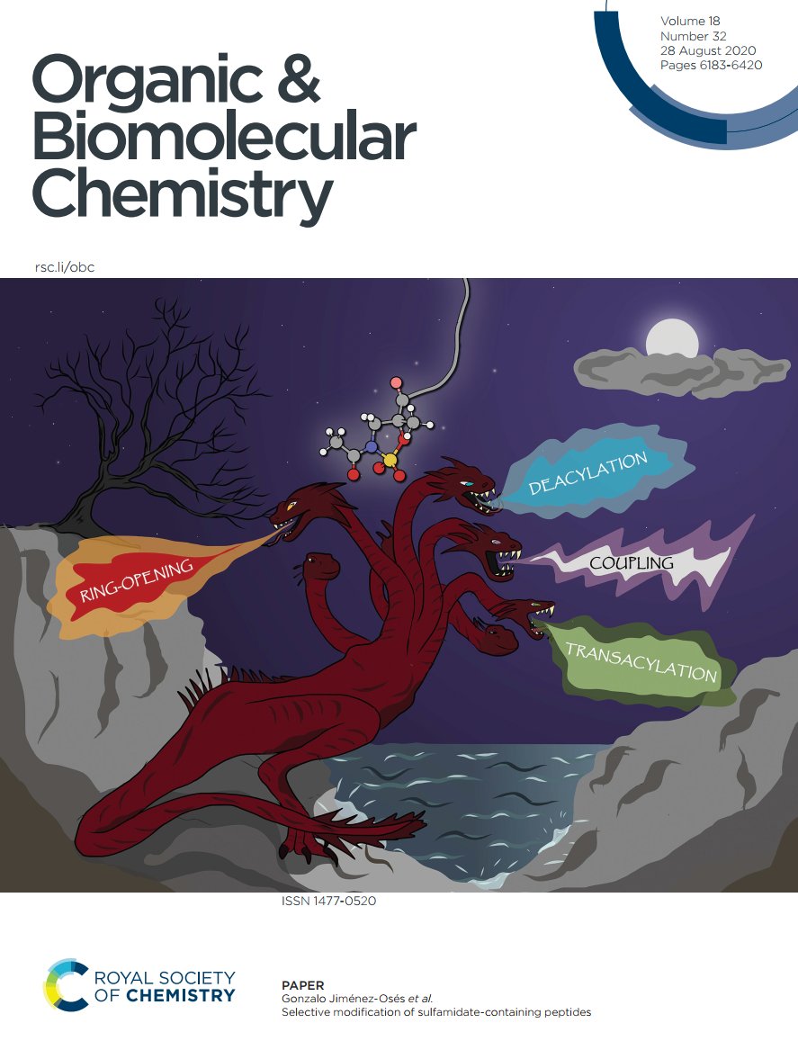 Our paper on multiple Selective Modifications of Sulfamidate-Containing Peptides" is out in <a href="/OrgBiomolChem/">OBC</a> and comes with a cool cover designed by Nuria Mazo &amp; <a href="/claudio_d_navo/">Claudio D. Navo</a>. Collaboration between <a href="/CICbioGUNE/">CIC bioGUNE</a> <a href="/unirioja/">Universidad de La Rioja</a> <a href="/pere65/">Jesús Manuel Peregrina</a> <a href="/hebusto/">Héctor Busto</a>  
xlink.rsc.org/?DOI=D0OB01061H
DRACARYS!! 🔥🐲