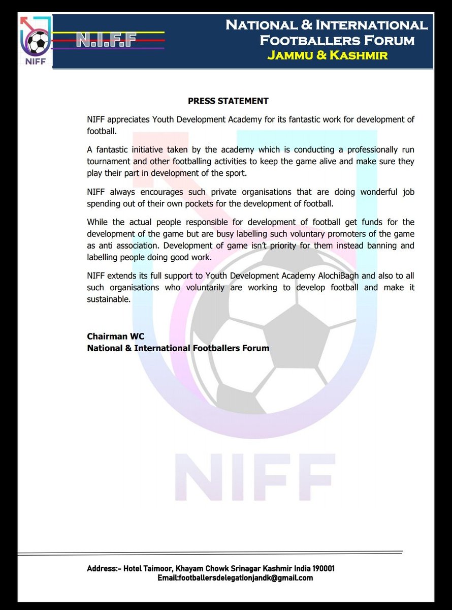 NIFF applauds Youth Development Academy AlochiBagh @Farooqkhan953 @praful_patel @AIFF_Insider @JKSportsCouncil @JKSportstime @mehrajwadoo @13saju @ishuberk @JKgrievance @KVijayKumarIPS @parawahid