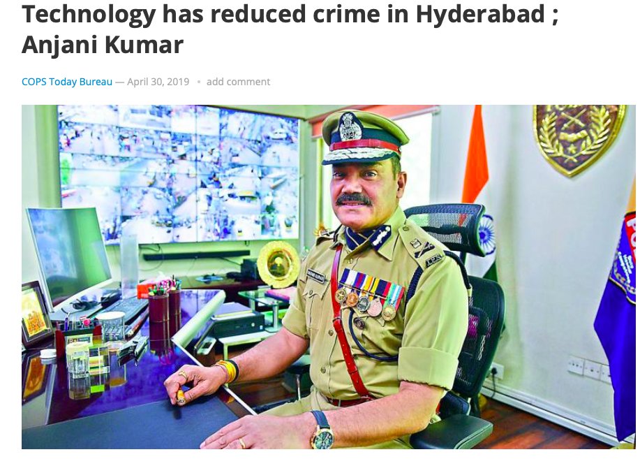 TS Police say that tech has helped reduce state's crime rate by 40% since 2014 & 99% of suspects are now apprehended within 24 hours of the crimes they are thot to have committed. Traffic congestion is down by 15% since 2017 & facial recognition was used to find missing people.