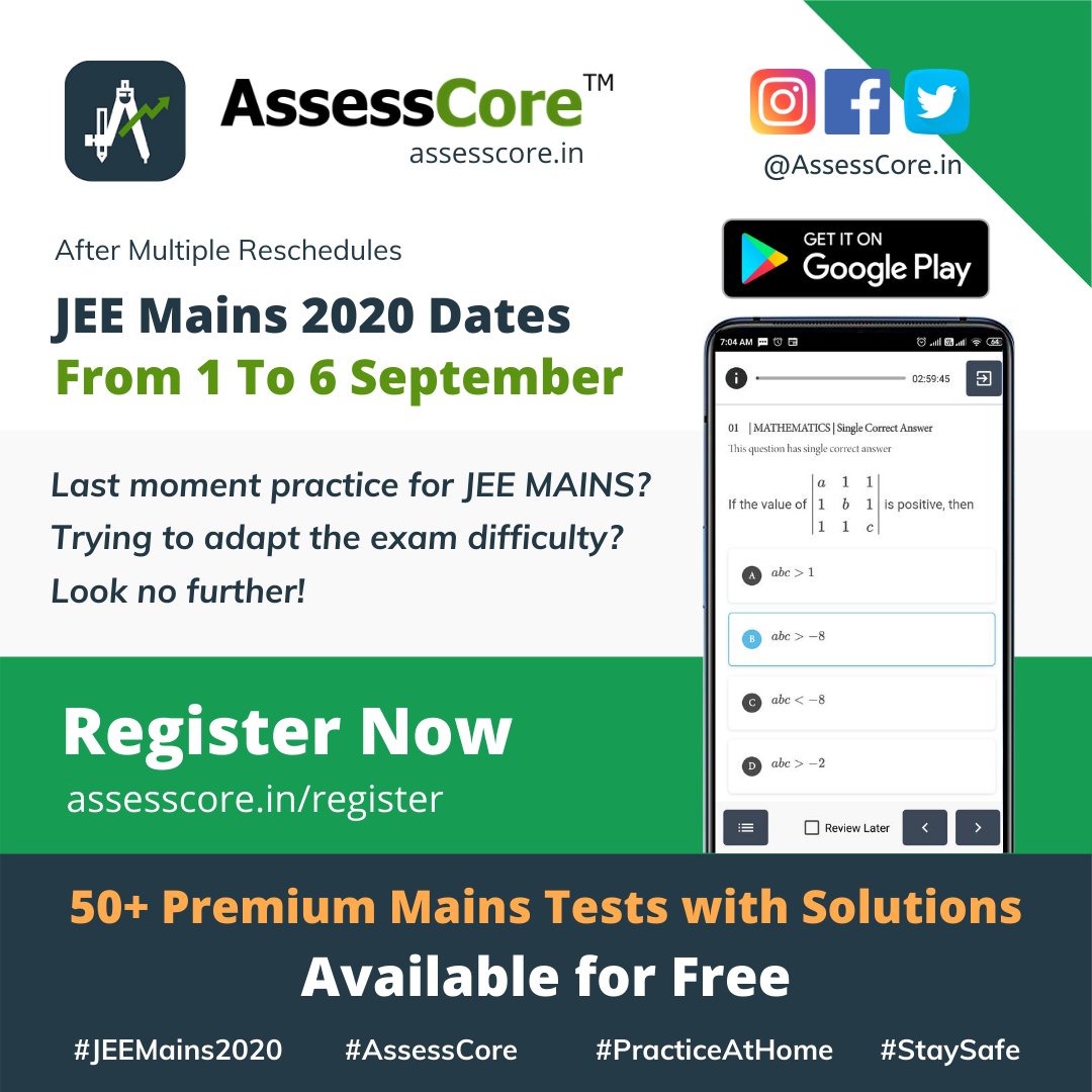 AssessCore's tweet image. Looking for JEE Mains Last Minute preparation? Look no futher!
AssessCore App: 👇 play.google.com/store/apps/det…
#JEE2020 #JEEMain2020 #assesscore #freeTests #lastMinutePrep #onlineTesT #mobile