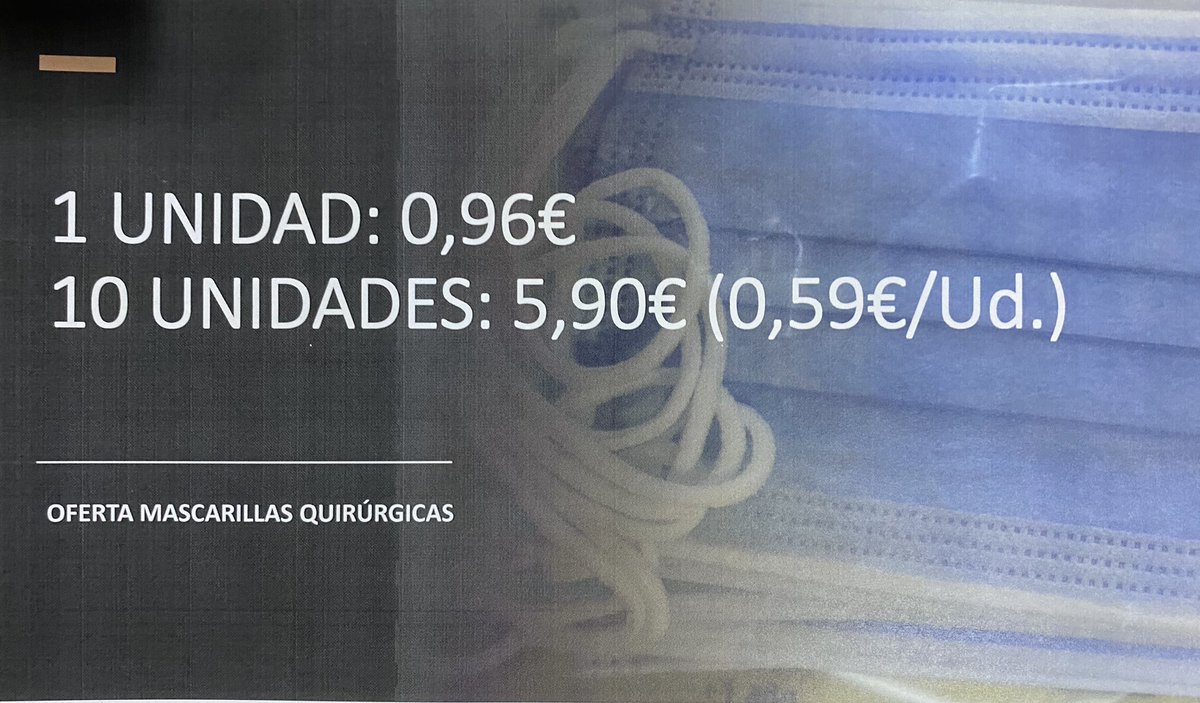 rsfarma's tweet photo. OFERTA EN MASCARILLAS QUIRÚRGICAS:
1 unidad: 0,96€
10 unidades: 5,90€ (0,59€/Ud.) https://t.co/5NJ5SlnppP