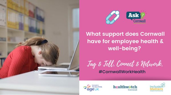 Cornwall_Link's tweet photo. Talking #CornwallWorkHealth
Q1: What support does #Cornwall have for #employee #health & #wellbeing?
Tag & Tell. Connect & Network. π¬
#Workplacewellbeing #CornwallLink #AskCornwall #ConnectedCornwall https://t.co/kRTgHJPoA1