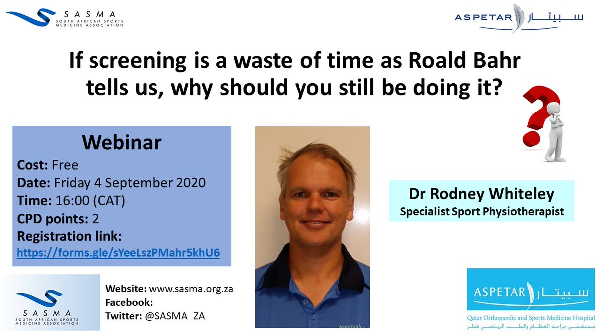 British Journal of Sports Medicine (BJSM) (@bjsm_bmj) on Twitter photo This is definitely one to make time for...kudos <a href="/SASMA_ZA/">SASMA</a> for organising what will be an undoubtedly educational & engaging webinar with <a href="/RodWhiteley/">Rod Whiteley</a>! #Screening
Sign up: ow.ly/aDM850B5s5a This is definitely one to make time for...kudos <a href="/SASMA_ZA/">SASMA</a> for organising what will be an undoubtedly educational & engaging webinar with <a href="/RodWhiteley/">Rod Whiteley</a>! #Screening
Sign up: ow.ly/aDM850B5s5a