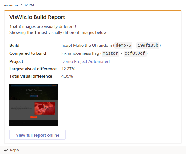 viswiz_io's tweet image. 👋 Projects can be configured to post #visualregression reports in a #MicrosoftTeams  channel. ✅