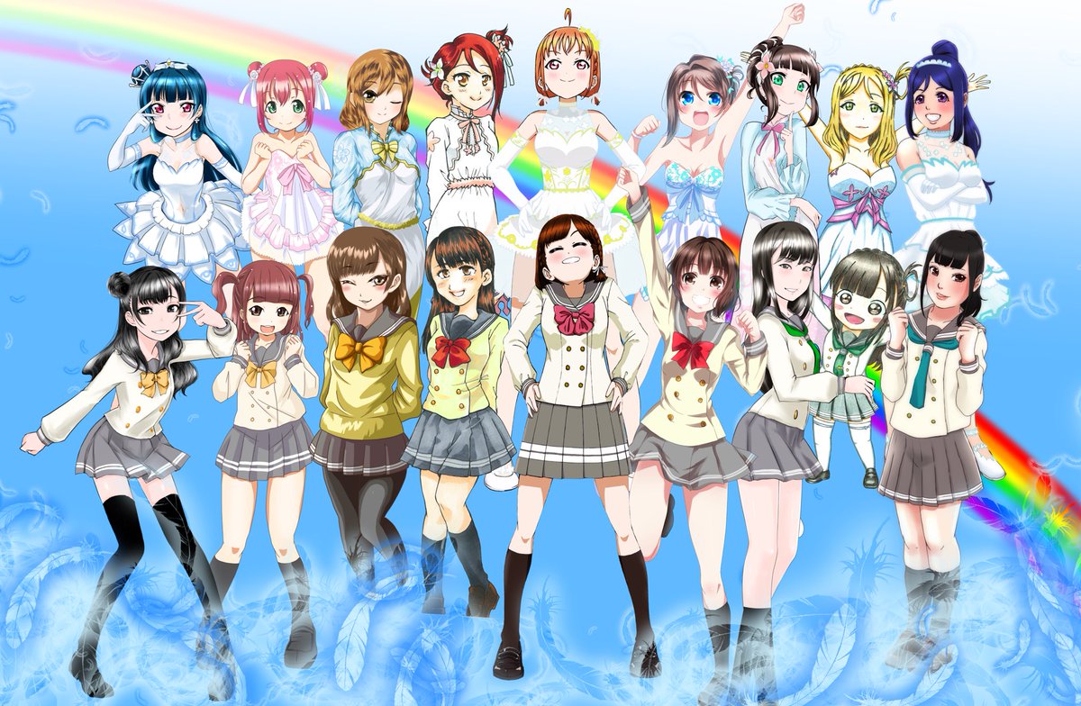 国木田花丸 ,黒澤ダイヤ ,黒澤ルビィ ,松浦果南 ,小原鞠莉 ,桜内梨子 ,高海千歌 ,津島善子 ,渡辺曜 「そしたらまた皆でフラスタ描きたいすなぁ
 #きっとまたAqoursに会える 」|鐵大和(ｸﾛｶﾞﾈﾔﾏﾄ)@4/9静コミ！5/5コミ1: C31aのイラスト