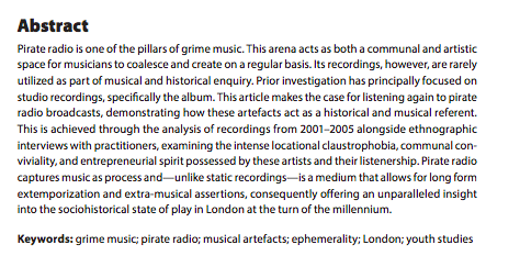 deLaceyMusic's tweet photo. Pleased to announce that my paper on pirate radio's role as a historical source in grime has just been published in Popular Music History.

ft. South Soldiers, Roadside Gs, Firecamp and Meridian Crew. 

Link: https://t.co/OeeCBRlqHL

Thanks to eds. @PLongy and @nickgebhardt66! https://t.co/YMhwWw4AKl
