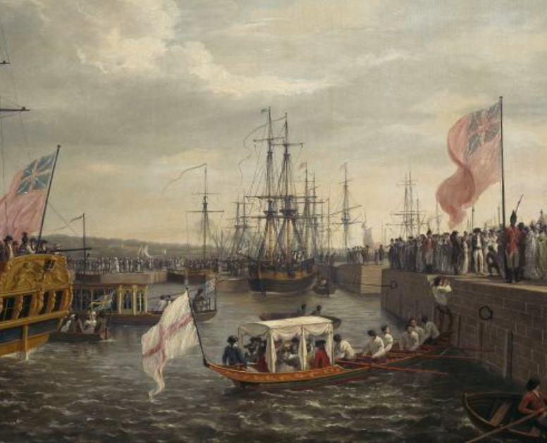 The opening of the Grand Canal Docks, 1796.  http://onlinecollection.nationalgallery.ie/objects/8789/opening-of-the-ringsend-docks-dublin-23-april-1796-with-l?ctx=37e87aab-58f3-4105-b999-d5be368a62e0&idx=14
