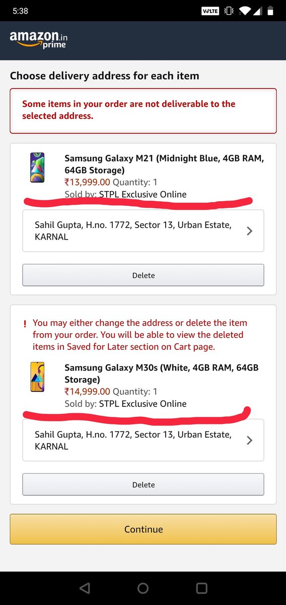 SahilGupta2005's tweet photo. #Amazon #AmazonPrime - Tried to order Samsung M30s but it shows the item is not deliverable to the selected address. I have tried to enter 4 different locations in 4 cities, 3 states. Still the same error. However, same vendor (STPL) is delivering other models at the same address https://t.co/VIOZHnbmy7