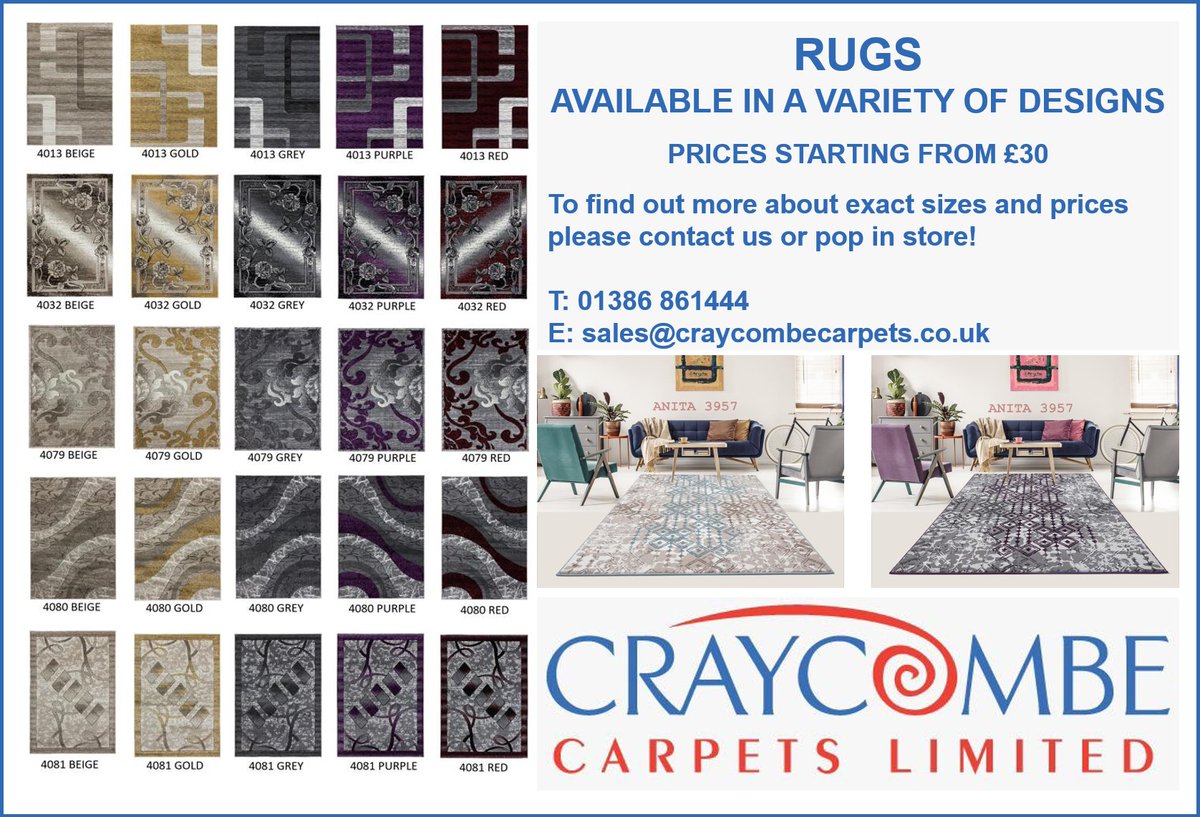 craycombecarpet's tweet photo. WE HAVE SOME FANTASTIC RUGS IN STOCK!

PRICES STARTING FROM £30!

Get in touch to find out more or pop in store and take a look!

T: 01386 861444
E: sales@craycombecarpets.co.uk
W: https://t.co/8wzGqPx1kT
F: https://t.co/BAvM458zgW https://t.co/iOavc1ojJ8