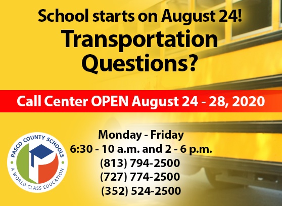 pascoschools's tweet photo. Our Transportation Call Center will be open starting on Monday. 
Dates of Call Center: 8/24/20-8/28/20
Times: 6:30-10:00 a.m. and 2:00-6:00 p.m.
 Numbers to call:
813-794-2500
727-774-2500
352-524-2500 https://t.co/TJU63aquSt