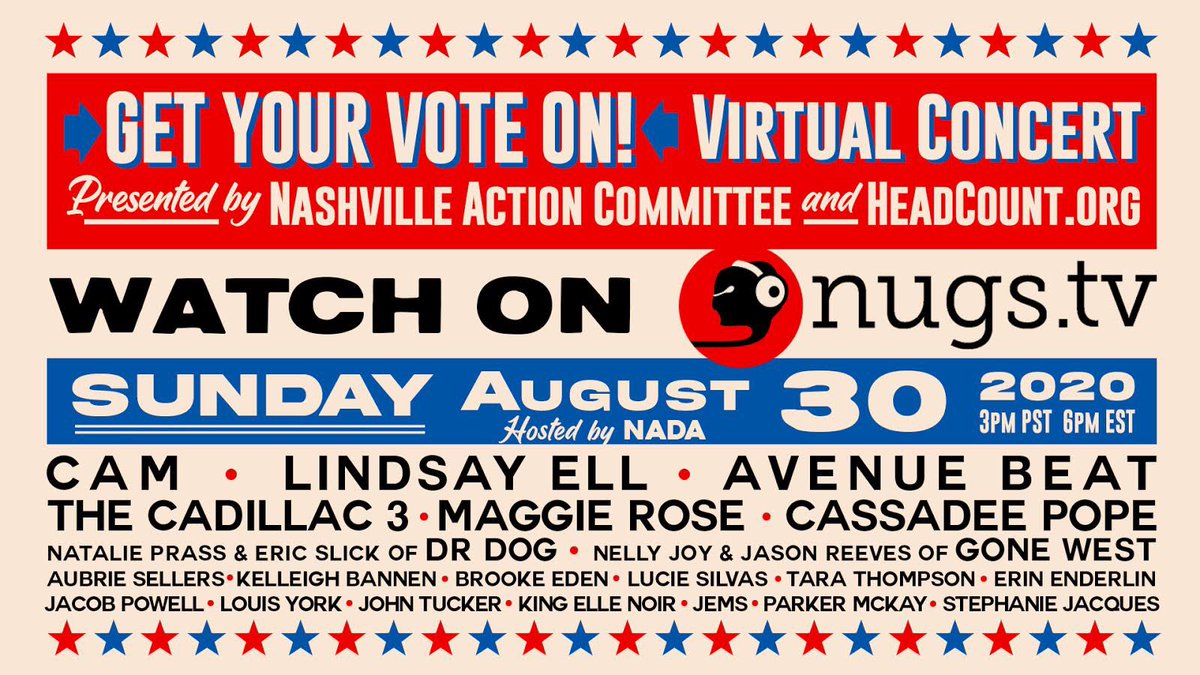 IAmMaggieRose's tweet photo. GET YOUR VOTE ON! Excited to join this Virtual Festival w/ @HeadCountOrg to raise awareness and help register voters for the 2020 election. JOIN US on Sunday, August 30th on @nugsnet 🎧 Presented by the @NACforthat. GO VOTE! 🇺🇸
RSVP: https://t.co/Agxn1MG7aM https://t.co/Gws0y2Fesp