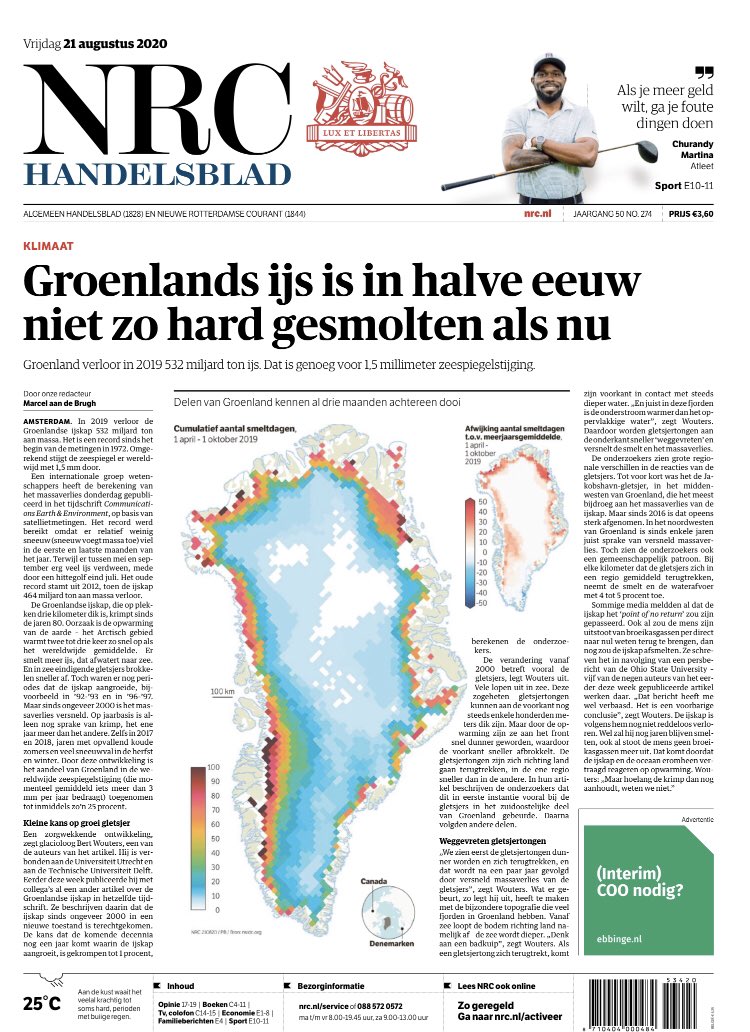 Groenlands ijs is in halve eeuw niet zo hard gesmolten als nu. Het verloor 532 miljard ton ijs: 1,5 mm zeespiegelstijging. Een ecosysteem-herstellende economie is echt geen hobby meer, maar een noodzakelijke stap in onze evolutie als menselijke soort. 
nrc.nl/nieuws/2020/08…