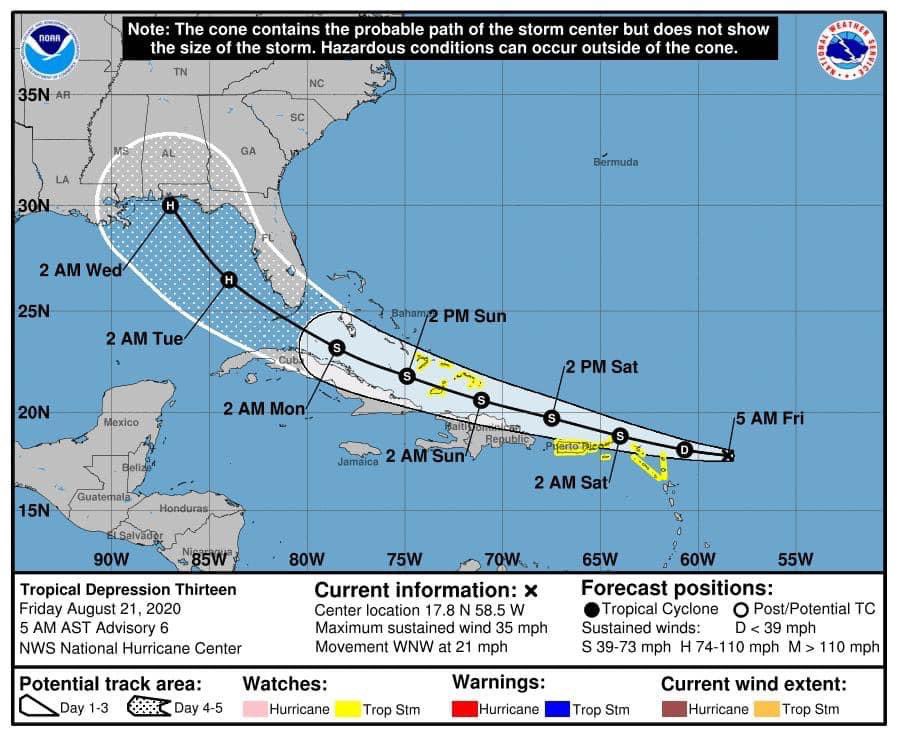 BD!
El Boletín de las 5 AM sobre la Depresión Tropical #13: No refleja cambios ya que sigue desorganizada y continúa moviendo al oestenoroeste a 21 mph. La trayectoria las acercaron un poco y ahora debe pasar a 59 millas al norte de Fajardo. Los evento de lluvias comienza hoy.