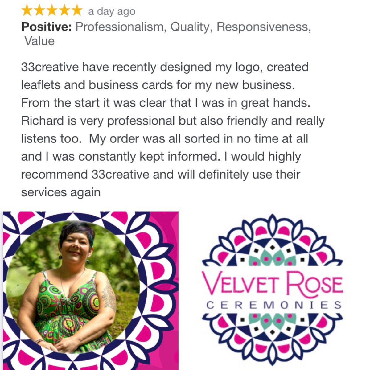 Another ⭐️⭐️⭐️⭐️⭐️ review from the lovely Sharon at Velvet Rose Ceremonies
It was an absolute pleasure working with Sharon and seeing her brand come to life 😊

33creativedpw.co.uk

#design #print #leaflets #businesscards #brand #wedding #ceremonies #celebrant